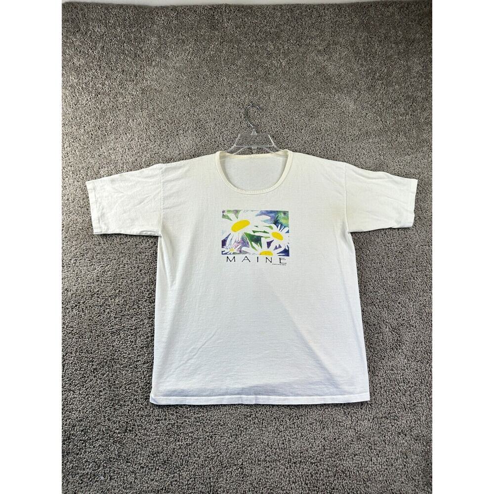 VINTAGE Maine Shirt Womens Large White Blue Flowers Short Sleeve Ladies FLAW